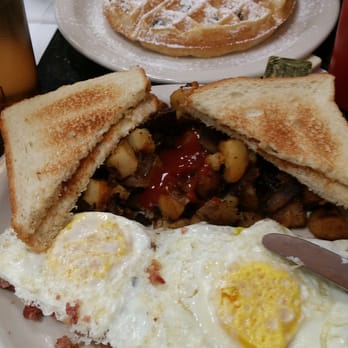 Theo's Cozy Corner - Corned beef hash with 3 eggs and blueberry waffles - Breakfast & Brunch Near Me - Boston, Massachusetts