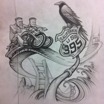 Redemption Ink - Daniel drew this based on several pictures from landmarks I took when going on a 2000 mile ride in CA with my father. We are Frankensteins. - Tattoo Near Me - San Diego, California Redemption Ink - Daniel drew this based on several pictures from landmarks I took when going on a 2000 mile ride in CA with my father. We are Frankensteins. - Tattoo Near Me - San Diego, California