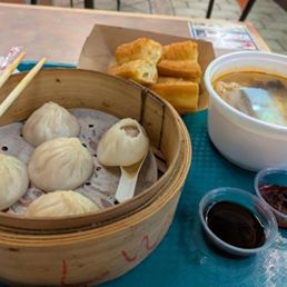 XLB which is Xiao Long Bao, containing ground pork and it's broth, Chinese donuts and Mini Wonton Soup XLB which is Xiao Long Bao, containing ground pork and it's broth, Chinese donuts and Mini Wonton Soup