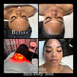 Attuned Skin Body Soul - The Deluxe Hydrafacial treatment with LED session. Removes excess oil, makeup residue, SPF buildup, Dirt and debris, and pesky blackheads.