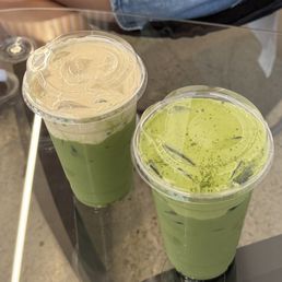 Banana pudding matcha latte and double matcha latte Banana pudding matcha latte and double matcha latte