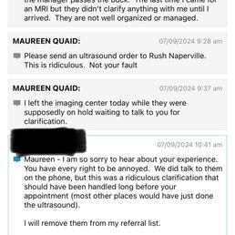 This is my response from my dr regarding Naperville Imaging's poor handling of my visit.