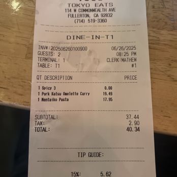 Tokyo Eats - Total for dinner - Ramen Near Me - Fullerton, California