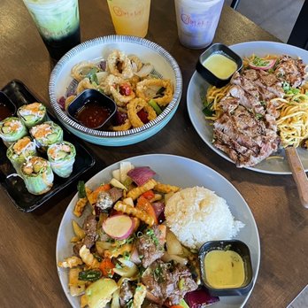 OMELI Kitchen - Lomo saltado / Baked salmon spring rolls / Garlic salt calamari / Ribeye garlic noodles / Green Thai tea / Dejavu lemonade / Taro coffee - Vietnamese Near Me - Fullerton, California