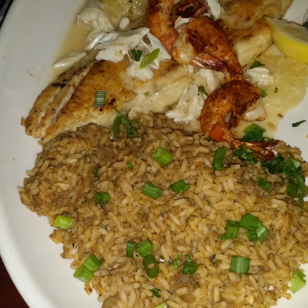 Pappadeaux Seafood Kitchen - Here is the red fish with crab and shrimp with dirty rice.....YUM! - Seafood Near Me - Conroe, Texas