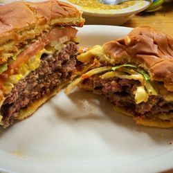Patti's Platter - Double cheese burger. Pepper Jack cheese, lettuce, tomato, onion, mayo, ketchup, mustard, hot sauce