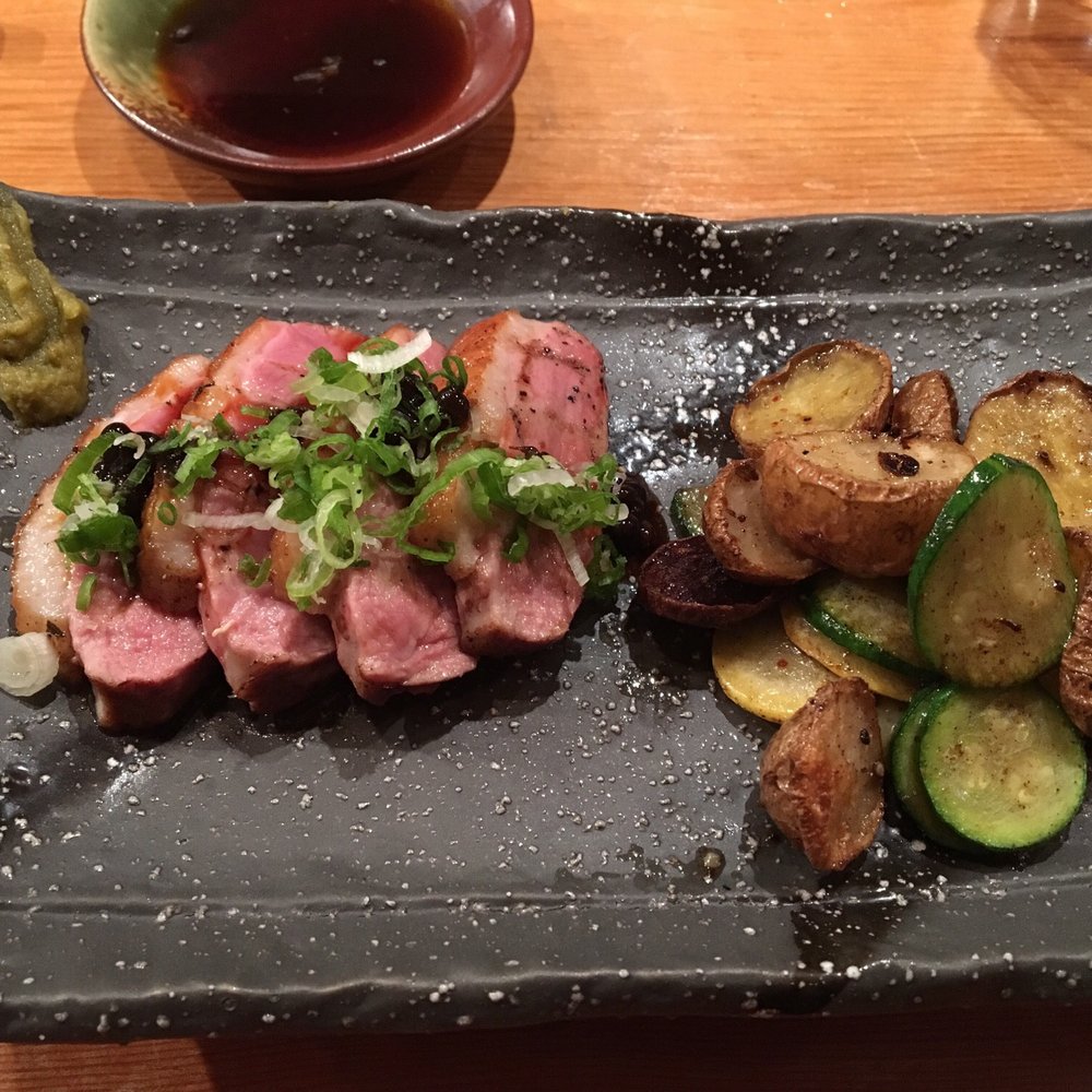 Miyake - Seared duck with sansho balsamic, yuzu kosho, potato and zucchini - Japanese Near Me - Portland, Maine Miyake - Seared duck with sansho balsamic, yuzu kosho, potato and zucchini - Japanese Near Me - Portland, Maine