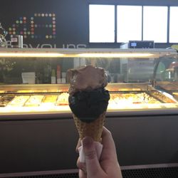 48 Flavours - Salted caramel and black magic in a cone.