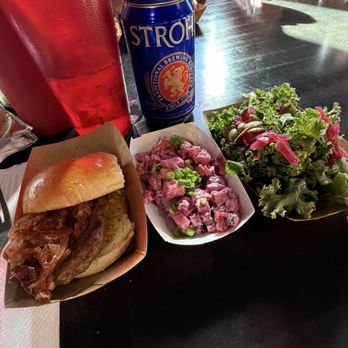 Oskar's Slider Bar - Venison Sausage slider, Beet Salad, Kale Salad and Stroh's "dad beer" - Bars Near Me - Louisville, Kentucky