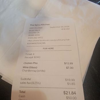 The Spicy Kitchen - September 30 2026 receipt - Asian Fusion Near Me - Oroville, California