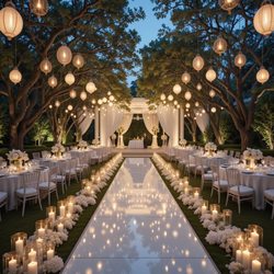 All Occasion Rentals - Elegant outdoor wedding aisle with hanging lights, luxury décor, and romantic evening ambiance.