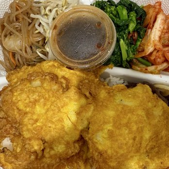 Yujin K-BBQ - Fish Jun & bulgogi (underneath) - Korean Near Me - Waipahu, Hawaii