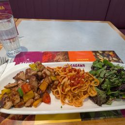 Gagawa Plate, Chef's Pan, Pasta with Tomato Sauce, Mediterranean Salad