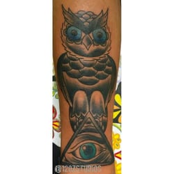 12 Oz Studios - Awesome owl and all seeing eye tattoo by Tami Rose!