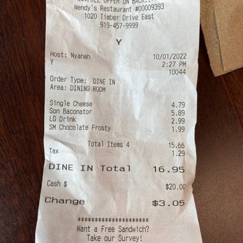 Wendy's - Receipt - Fast Food Near Me - Garner, North Carolina Wendy's - Receipt - Fast Food Near Me - Garner, North Carolina