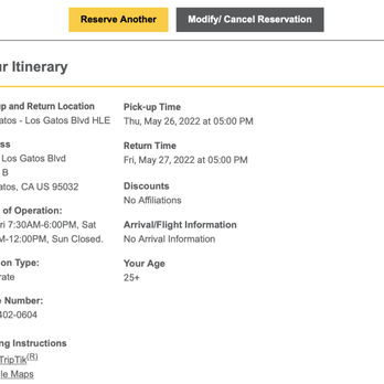 Hertz Rent A Car - Confirmation email received from Hertz. Note pick-up and drop-off time as well as Hours of Operation. - Car Rental Near Me - Los Gatos, California