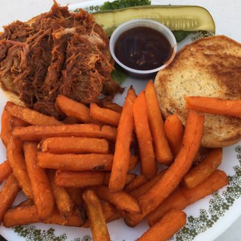 Mountain Quail Cafe - BBQ pork sammy with sweet potato fries - American Near Me - Quartzsite, Arizona