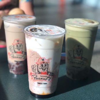 Peanuts - Left: Regular Milk tea with red bean.  Middle: fresh taro milk with brown sugar sauce  Right: matcha red bean - Bubble Tea Near Me - Richmond, British Columbia