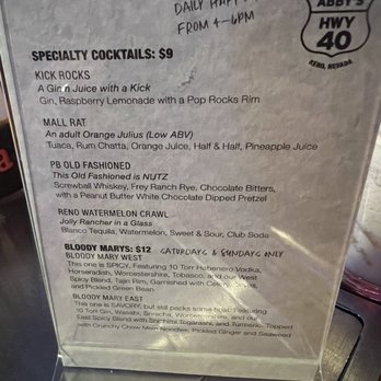 Abby's Highway 40 - Menu - Dive Bars Near Me - Reno, Nevada