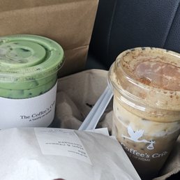 Hamd and cheese croissant. Vanilla ceremonial matcha Brown sugar shaken espresso with cold foam Hamd and cheese croissant. Vanilla ceremonial matcha Brown sugar shaken espresso with cold foam