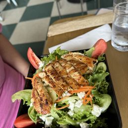 Summer mixed green salad. Garden greens, cucumber, carrot, tomato, goat cheese and creamy maple vinaigrette Summer mixed green salad. Garden greens, cucumber, carrot, tomato, goat cheese and creamy maple vinaigrette