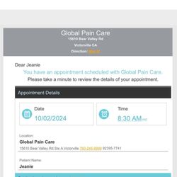 Global Pain Care - My appointment reminder! Showing 8:30 NOT 8:45.like he said!!!!!