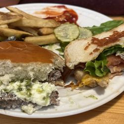 Descanso Junction Restaurant - 1/2 Sweet Jalapeno Burger, 1/2 Grilled Chicken Ranch Melt, fresh cut fries. This is the part that's coming g home with us...