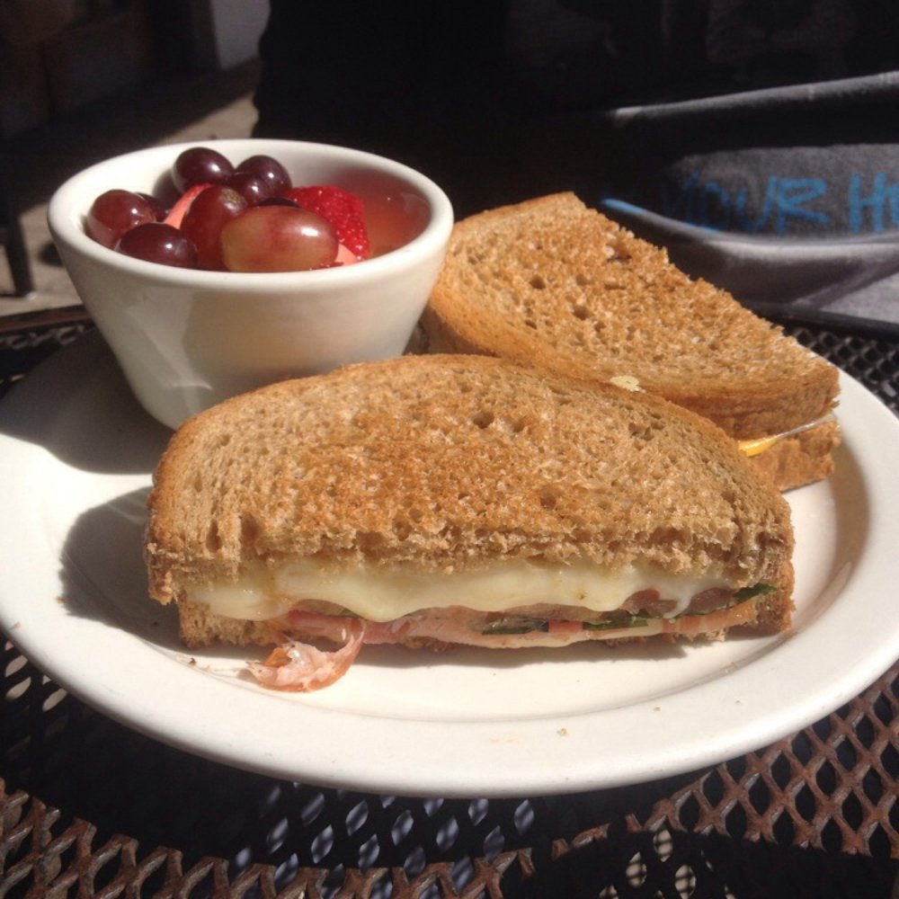 Pinky's - Grilled Cheese All The Way: tomato, basil, prosciutto, provolone, and cheddar served with fresh fruit. Omg! - Coffee & Tea Near Me - Tampa, Florida Pinky's - Grilled Cheese All The Way: tomato, basil, prosciutto, provolone, and cheddar served with fresh fruit. Omg! - Coffee & Tea Near Me - Tampa, Florida