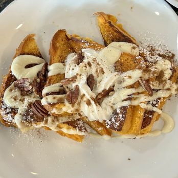 Texan Diner - Pumpkin French Toast! Pumpkin bread base, delicious! Whip cream and pecans on top. - Breakfast & Brunch Near Me - Haslet, Texas Texan Diner - Pumpkin French Toast! Pumpkin bread base, delicious! Whip cream and pecans on top. - Breakfast & Brunch Near Me - Haslet, Texas