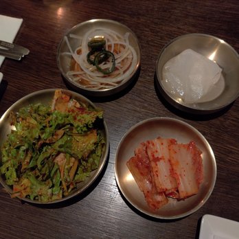 Sam Sunny - Banchan: kimchi, onions with jalapeno, daikon thinly sliced and lettuce with sauce - Korean Near Me - New York, New York Sam Sunny - Banchan: kimchi, onions with jalapeno, daikon thinly sliced and lettuce with sauce - Korean Near Me - New York, New York