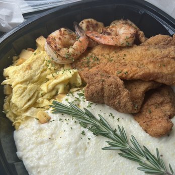 Just Spoons Cafe - Grilled Shrimp and Catfish, Grits, and scrambled eggs - Comfort Food Near Me - Plantation, Florida