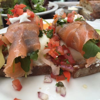 Urth Caffe - Eggs Salmone- $11.95. Poached eggs, salmon, avocado, wild arugula, lemon marscapone, capers, ancient grain bread - Coffee & Tea Near Me - Laguna Beach, California Urth Caffe - Eggs Salmone- $11.95. Poached eggs, salmon, avocado, wild arugula, lemon marscapone, capers, ancient grain bread - Coffee & Tea Near Me - Laguna Beach, California