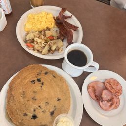 Just Eggs with Meat, Blueberry Pancakes, Side of Canadian Bacon, Regular Coffee