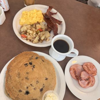 Marston's - Just Eggs with Meat, Blueberry Pancakes, Side of Canadian Bacon, Regular Coffee - Breakfast & Brunch Near Me - Pasadena, California