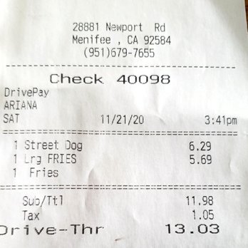 Archibald's - Menifee - 13.03 for a street dog and L fries. No drink. - American Near Me - Menifee, California