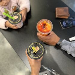 Boba Society - Chumango slushy, pomegranate and mango tea with mango boba, and strawberry milk tea for the kid!