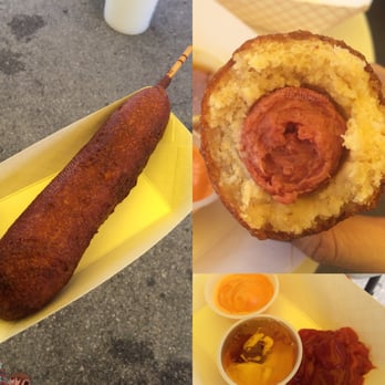 World's Best Corndogs - Corn dog $6 with sriracha mayo, mustard mixed with honey (so good!) & ketchup - Hot Dogs Near Me World's Best Corndogs - Corn dog $6 with sriracha mayo, mustard mixed with honey (so good!) & ketchup - Hot Dogs Near Me