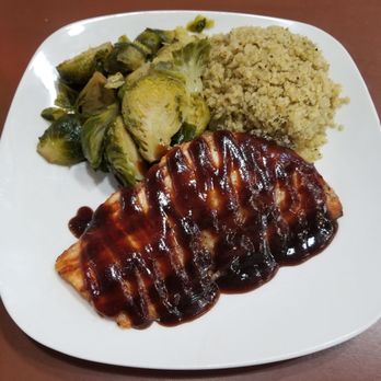 The Upper Room Kitchen - Salmon with Korean BBQ SAUCE, Quinoa, and brussel sprouts.  Amazing!!! - Salad Near Me - Tracy, California