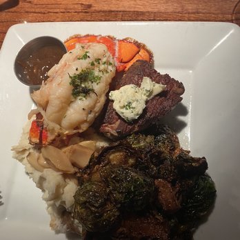 Topsail Restaurant - Filet and lobster with Brussels and mashed potatoes - Seafood Near Me - Mount Pleasant, South Carolina Topsail Restaurant - Filet and lobster with Brussels and mashed potatoes - Seafood Near Me - Mount Pleasant, South Carolina
