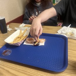 Made short work of 2 cheeseburgers, double cheeseburger and a basket of chicken strips. Great food and service. Made short work of 2 cheeseburgers, double cheeseburger and a basket of chicken strips. Great food and service.