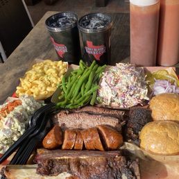 Pint Sides: Mac & Cheese, Green Beans, Potato Salad, Coleslaw Meat: Beef Rib, Brisket, Jalapeño & Cheese Sausage Pint Sides: Mac & Cheese, Green Beans, Potato Salad, Coleslaw Meat: Beef Rib, Brisket, Jalapeño & Cheese Sausage