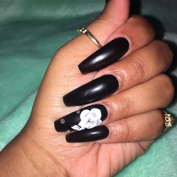 Ayrsley Nail Bar - Matte Black with a 3D flower with rhinestones. Classic look done by Nini! - Nail Salons Near Me - Charlotte, North Carolina Ayrsley Nail Bar - Matte Black with a 3D flower with rhinestones. Classic look done by Nini! - Nail Salons Near Me - Charlotte, North Carolina