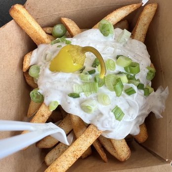KAYMA Algerian Eatery - Spiced fries can use less sauce on top - Mediterranean Near Me - San Francisco, California