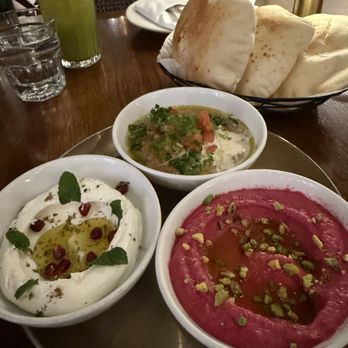 Ammatoli - Three Way Mezza (Labneh, Foul Mudammas, Roasted Beets Hummus) - Mediterranean Near Me - Long Beach, California Ammatoli - Three Way Mezza (Labneh, Foul Mudammas, Roasted Beets Hummus) - Mediterranean Near Me - Long Beach, California
