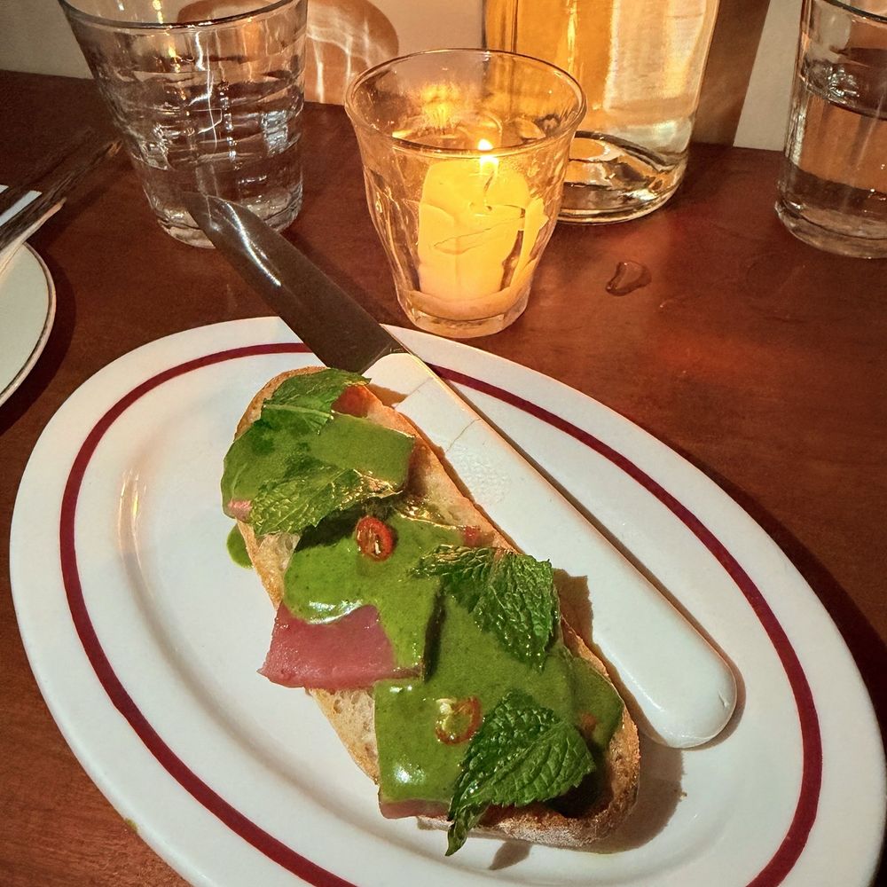 Ha's Snack Bar - Bluefin tuna and lime leaf on toast - French Near Me - New York, New York Ha's Snack Bar - Bluefin tuna and lime leaf on toast - French Near Me - New York, New York