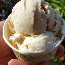 The Village Olive Grove - Lavender ice cream on top and chai tea ice cream peeking out from the bottom half. Delicious and organic!