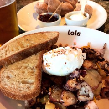 Lola - Tom's Favorite Breakfast; mediterranean octopus, potatoes, delicata squash, apple, onion, radicchio, vanilla yogurt, poached egg, toast. - Greek Near Me - Seattle, Washington Lola - Tom's Favorite Breakfast; mediterranean octopus, potatoes, delicata squash, apple, onion, radicchio, vanilla yogurt, poached egg, toast. - Greek Near Me - Seattle, Washington