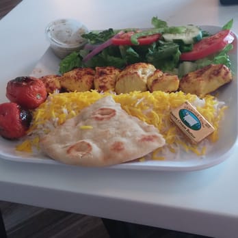 AZ Kabob House - Boneless chicken kabob entree with half rice and salad.  The tomatoes were sweet and delicious. - Persian/Iranian Near Me - Phoenix, Arizona