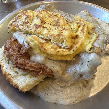 Buford's Biscuits - Chicken fried steak (foreground) and the breakfast biscuit (background). - New American Near Me - Leesburg, Virginia Buford's Biscuits - Chicken fried steak (foreground) and the breakfast biscuit (background). - New American Near Me - Leesburg, Virginia