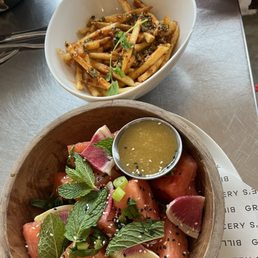 Watermelon salad and spicy fries Watermelon salad and spicy fries